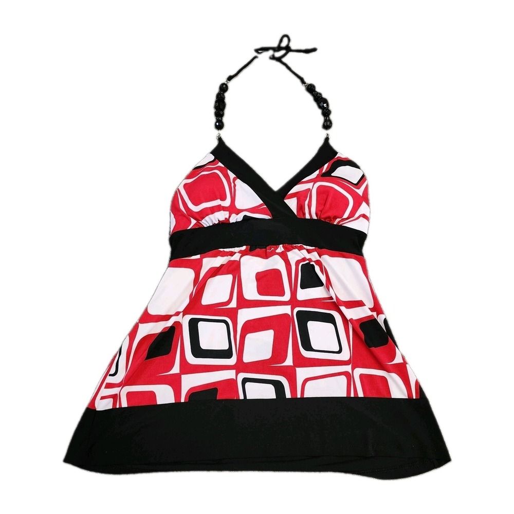Vintage Y2K Beaded Halter Red Black White Shirt Womens Size Large Made In USA